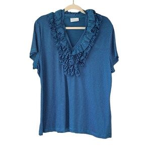 Soft Surroundings blue aqua/navy ruffled vneck top short sleeves.‎ Size XL